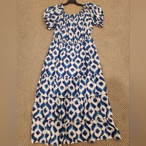 Knox Rose Blue & White Ikat Printed Maxi Dress Sz Large Like New